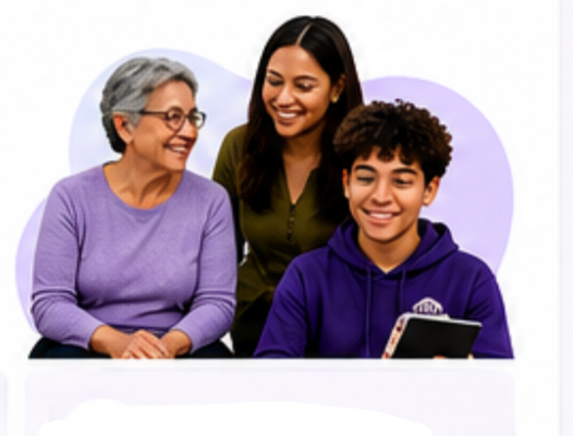 A grandmother, mother, and young man smiling together while using My Buddy Support